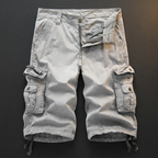 Wendell light gray cotton cargo shorts flat lay