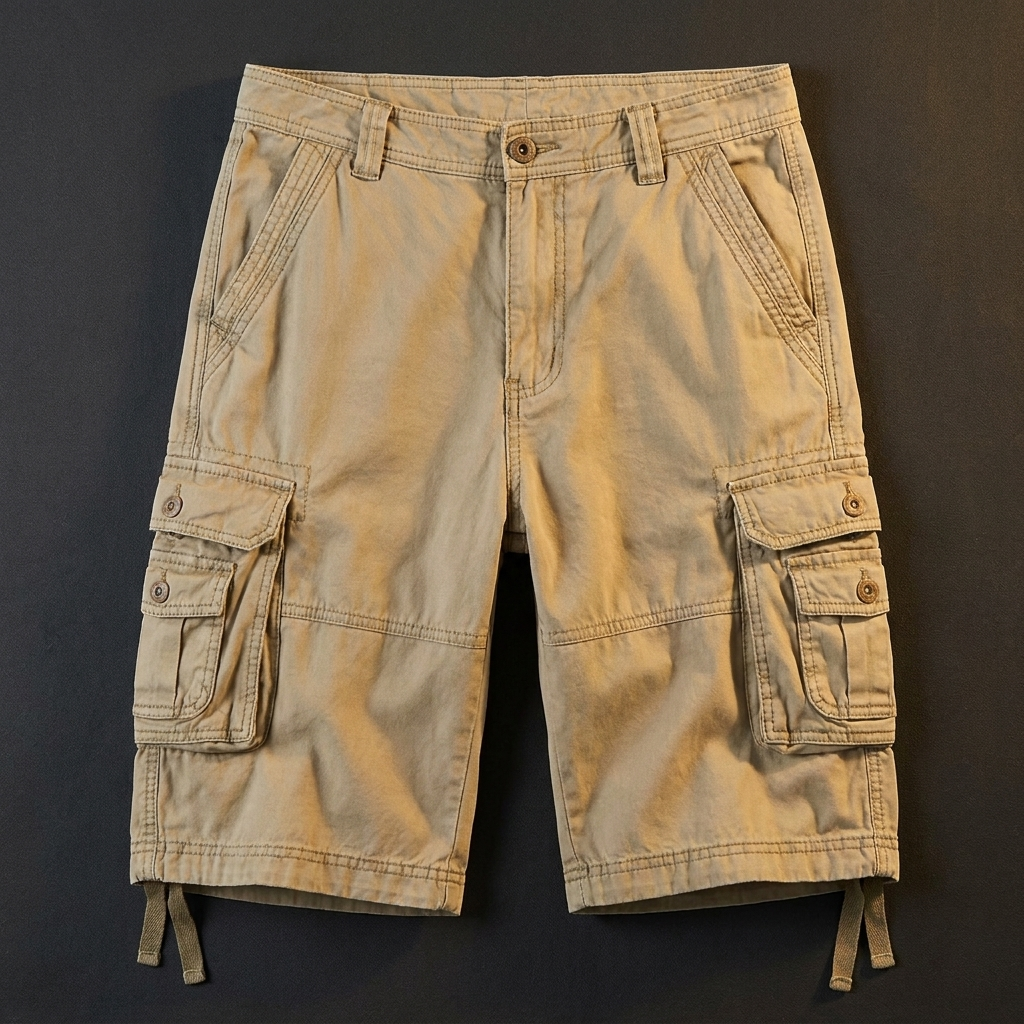 Wendell khaki cotton cargo shorts flat lay