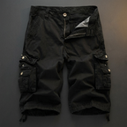 Wendell black cotton cargo shorts flat lay