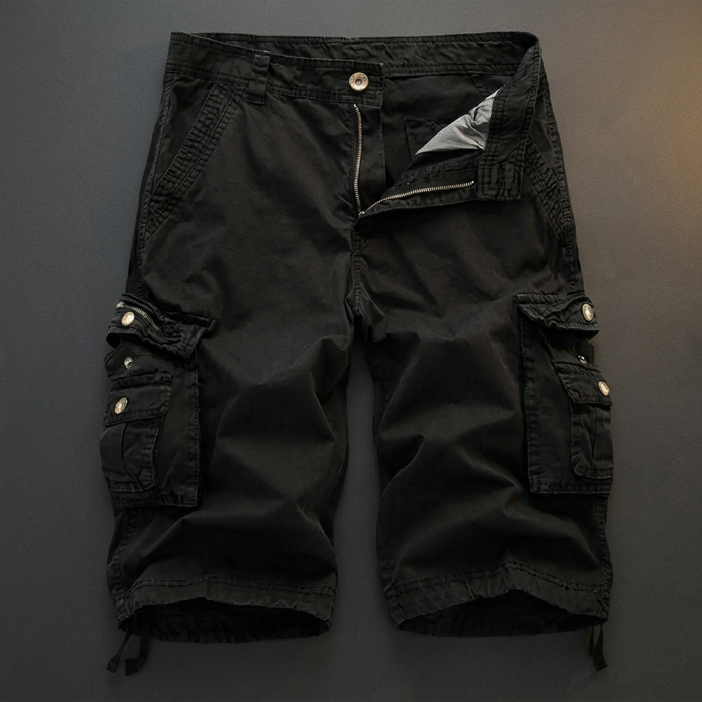 Wendell black cotton cargo shorts flat lay