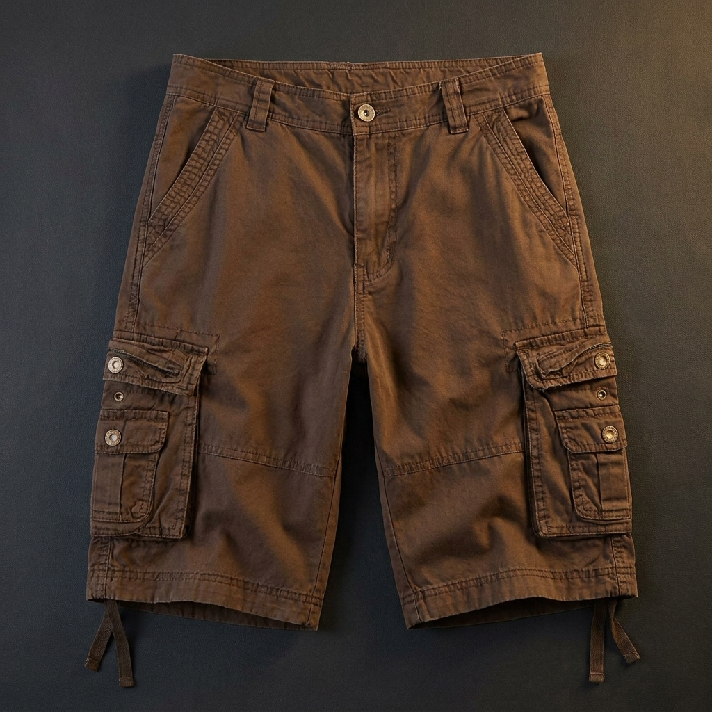 Wendell brown cotton cargo shorts flat lay