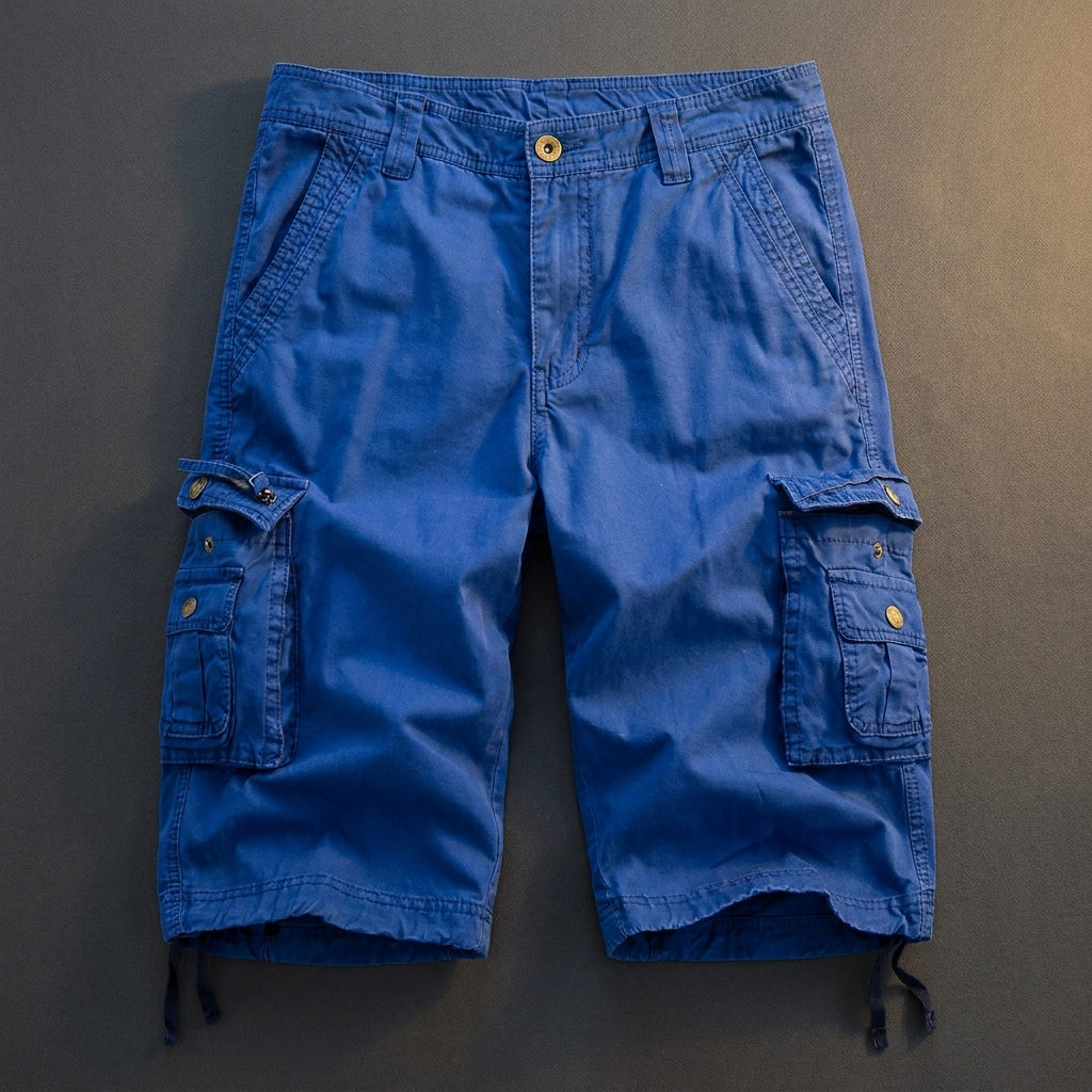 Wendell blue cotton cargo shorts flat lay