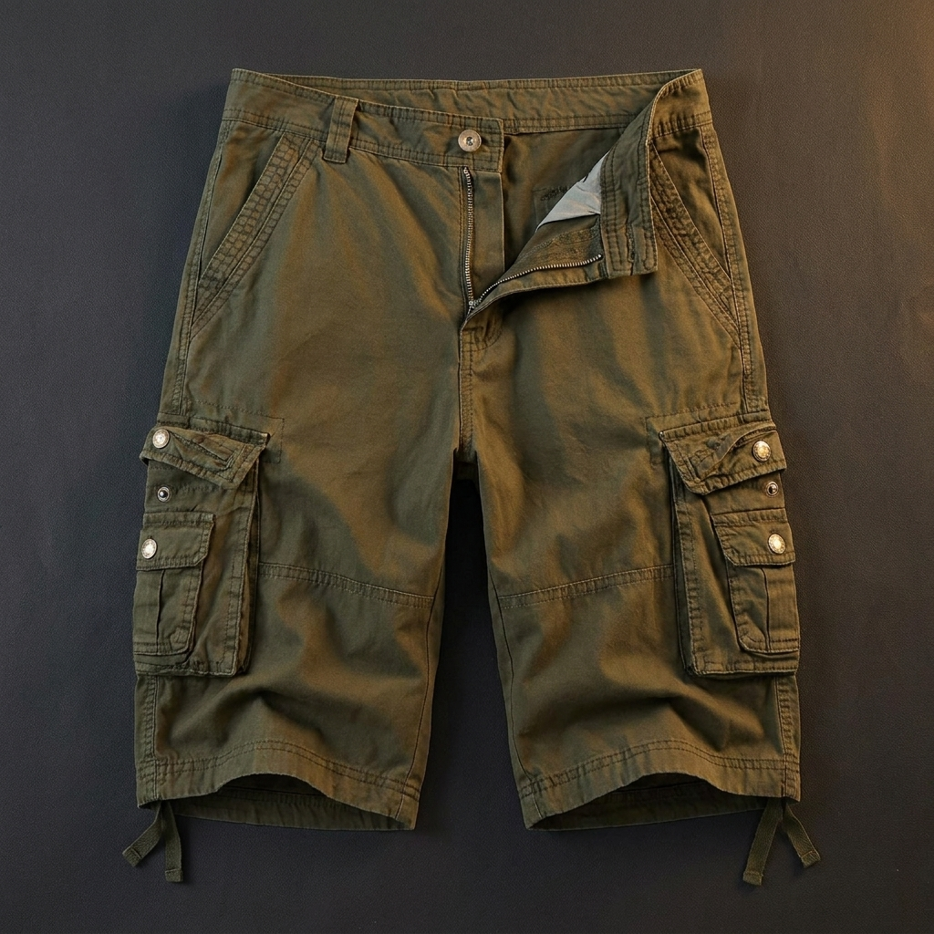 Wendell olive green cotton cargo shorts flat lay