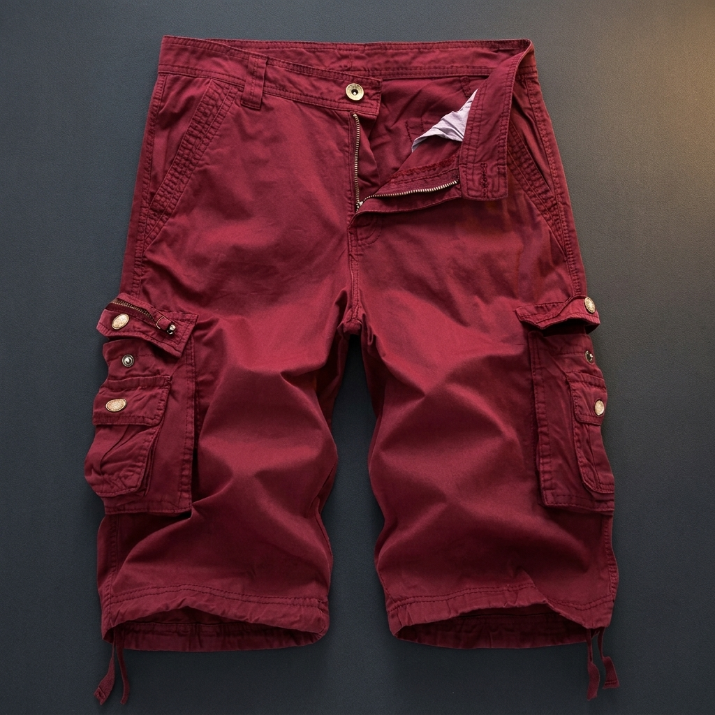Wendell deep burgundy red cotton cargo shorts flat lay