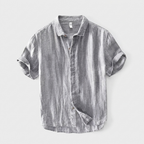 Montclair Linen Shirt in gray, men's short sleeve linen button up shirt, flat lay