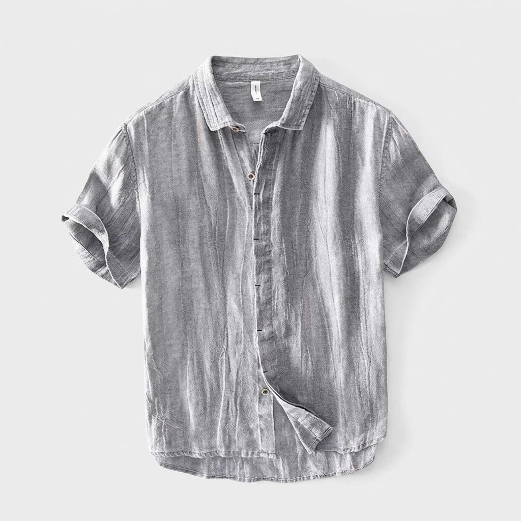 Montclair Linen Shirt in gray, men's short sleeve linen button up shirt, flat lay