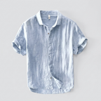 Montclair Linen Shirt in blue, men's short sleeve linen button up shirt, flat lay