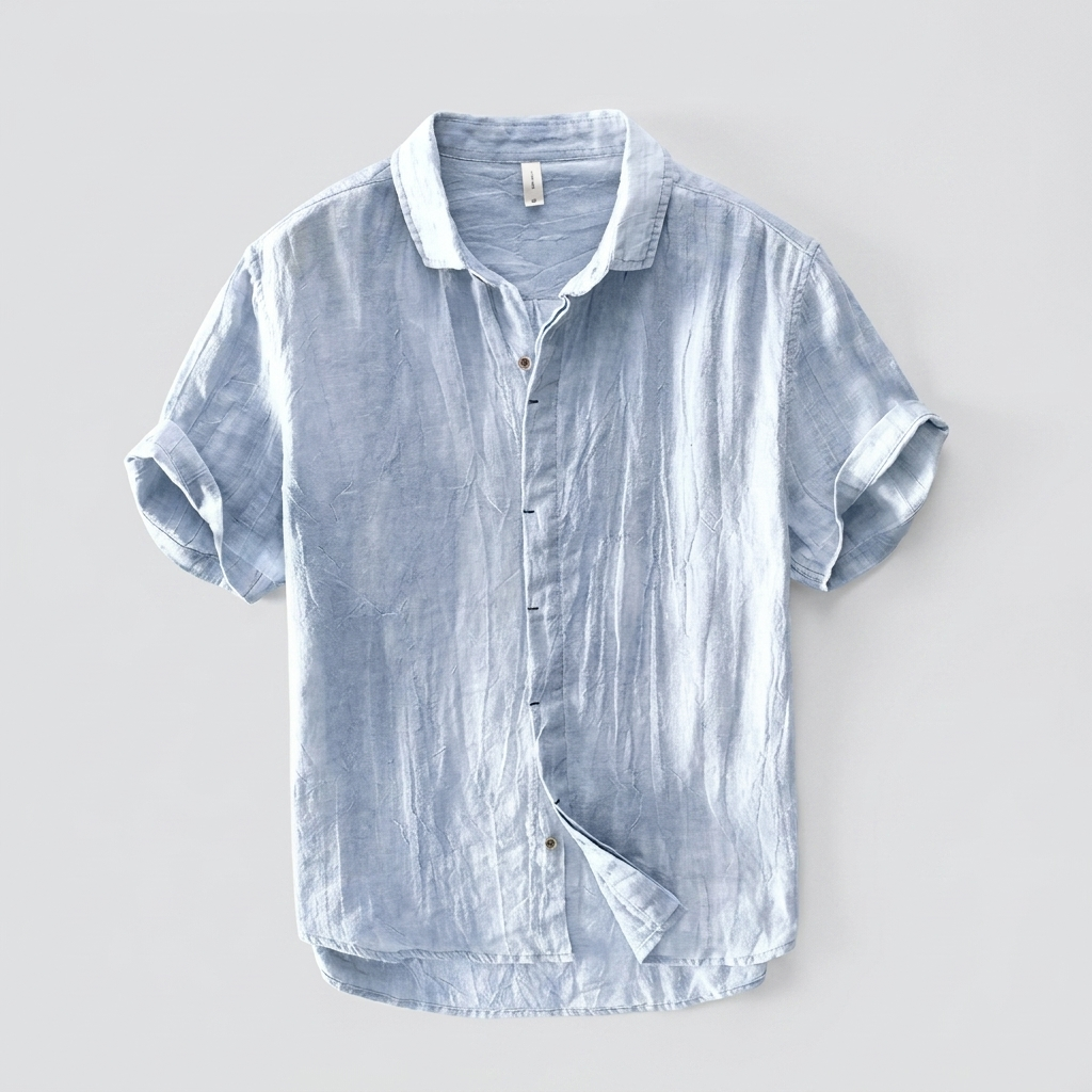 Montclair Linen Shirt in blue, men's short sleeve linen button up shirt, flat lay