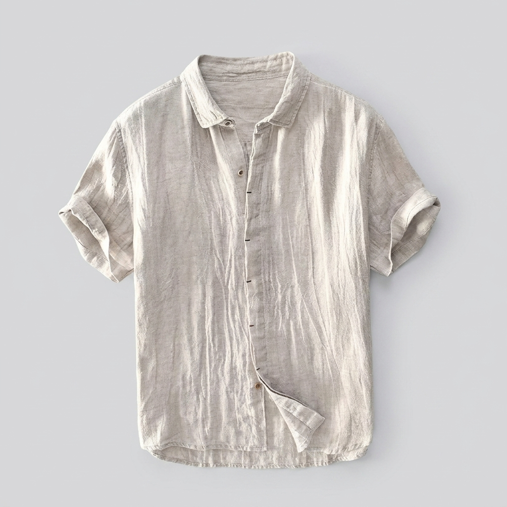 Montclair Linen Shirt in khaki, men's short sleeve linen button up shirt, flat lay