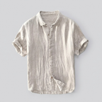 Montclair Linen Shirt in khaki, men's short sleeve linen button up shirt, flat lay