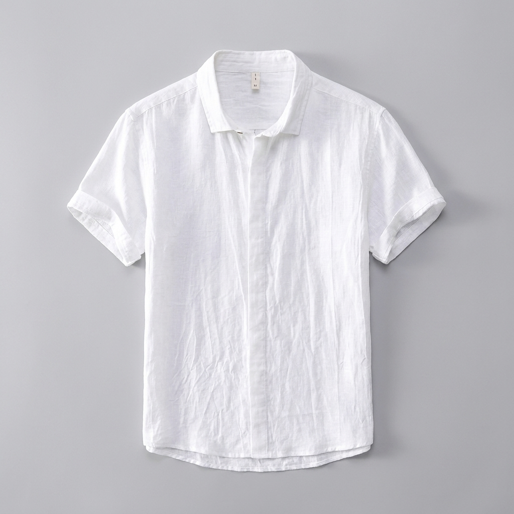Montclair Linen Shirt in white, men's short sleeve linen button up shirt, flat lay