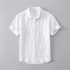 Montclair Linen Shirt in white, men's short sleeve linen button up shirt, flat lay