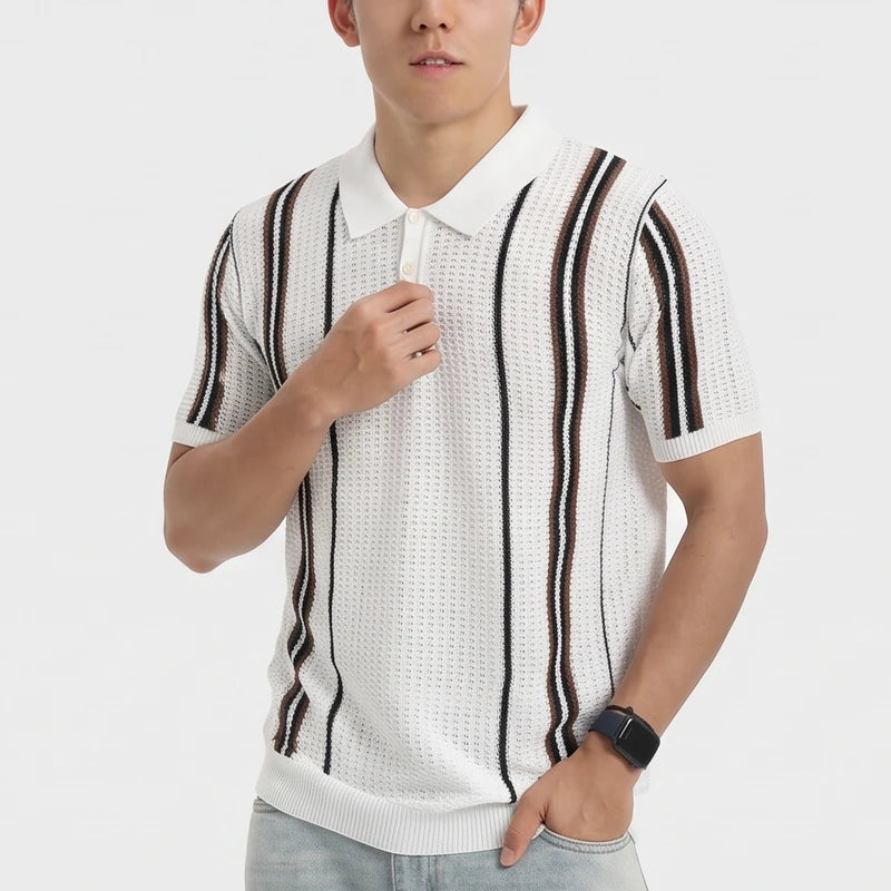 White knitted polo on an off-gray studio background - 2