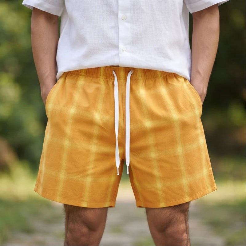 Model wearing Orange cotton shorts outdoors
