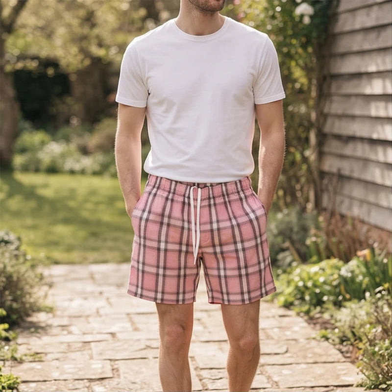 Model wearing Pink cotton shorts outdoors