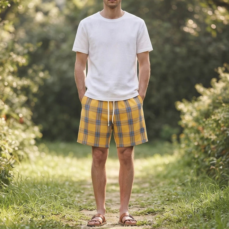 Model wearing Yellow cotton shorts outdoors