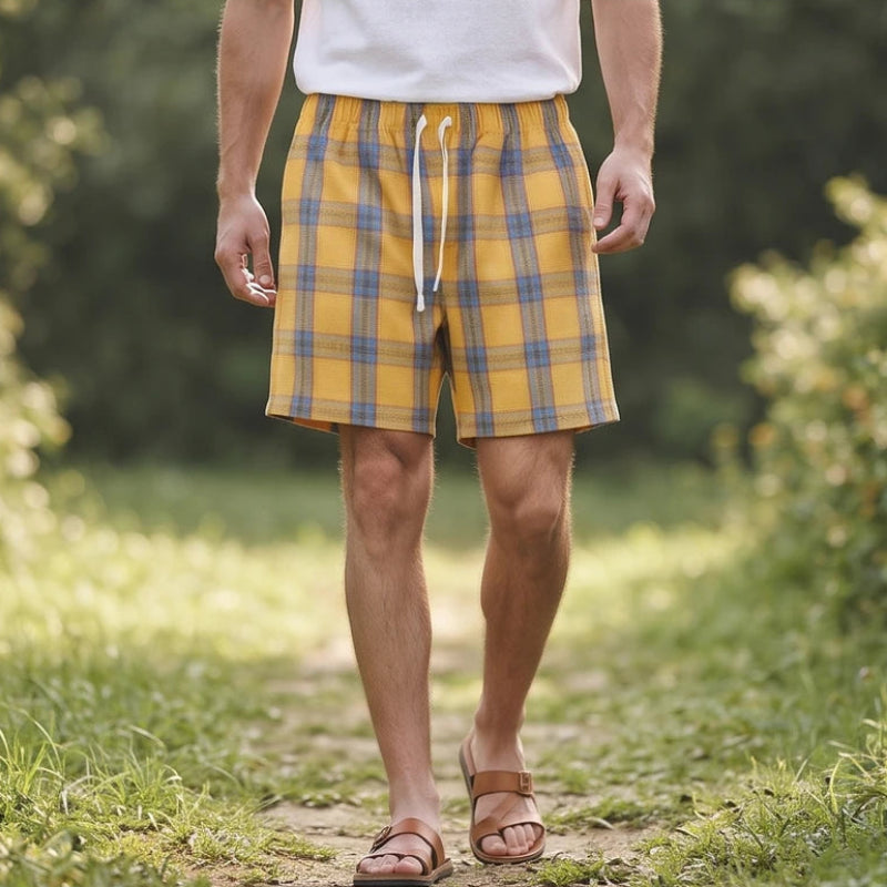 Model wearing Yellow cotton shorts outdoors - 2