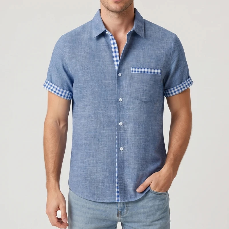 Blue shirt on an off-gray studio background - 2