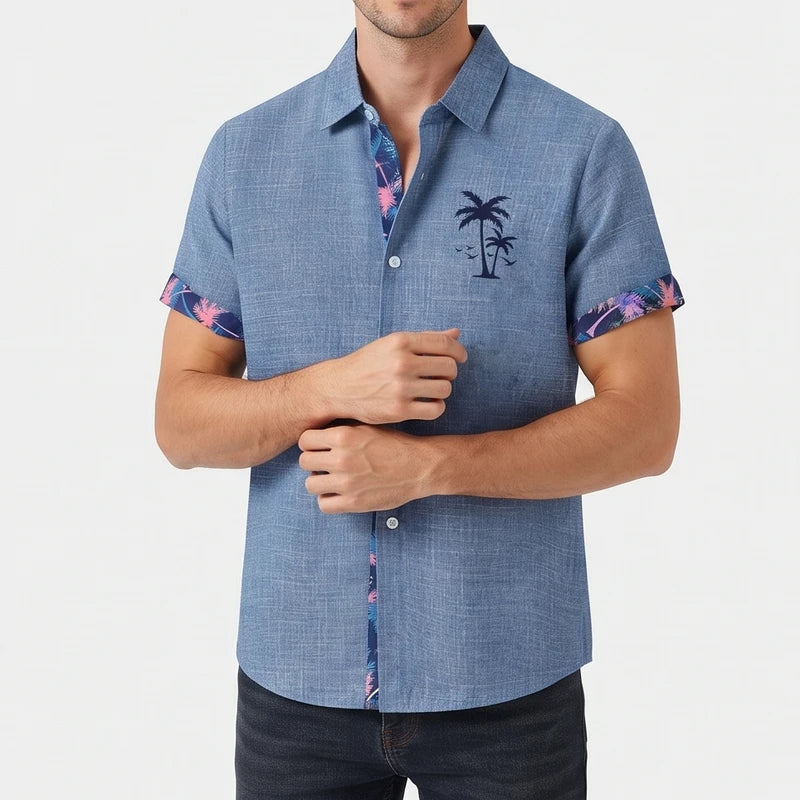 Blue-Tree shirt on an off-gray studio background