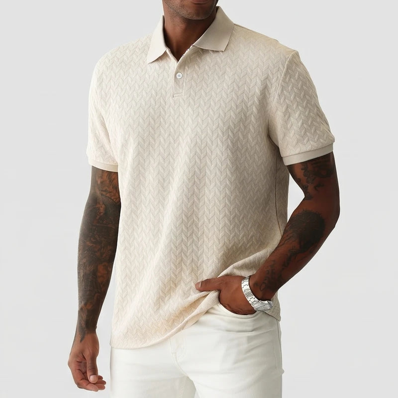 Beige polo on an off-gray studio background - 2
