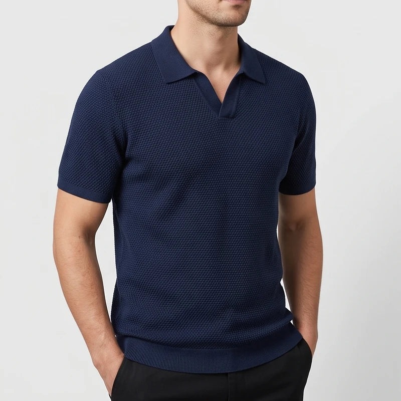 Navy Blue knitted polo on an off-gray studio background - 2