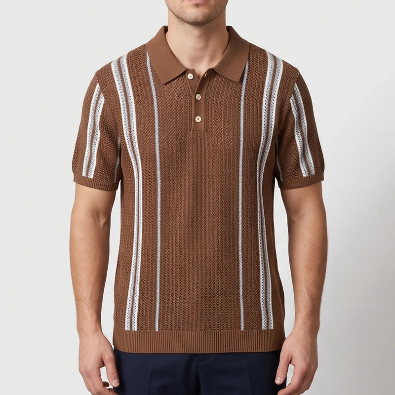 Brown polo on an off-gray studio background