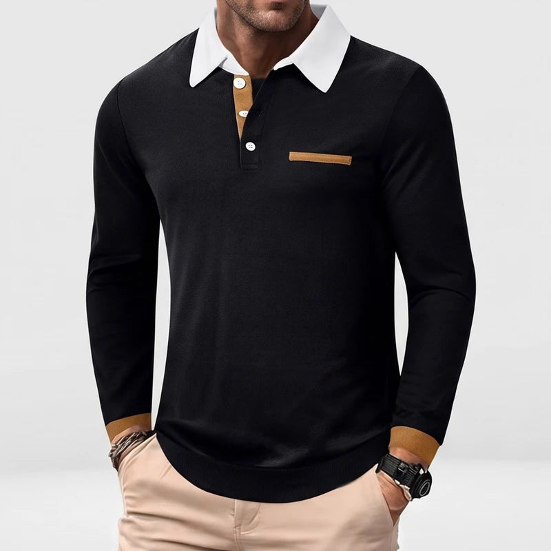 Black polo on an off-gray studio background