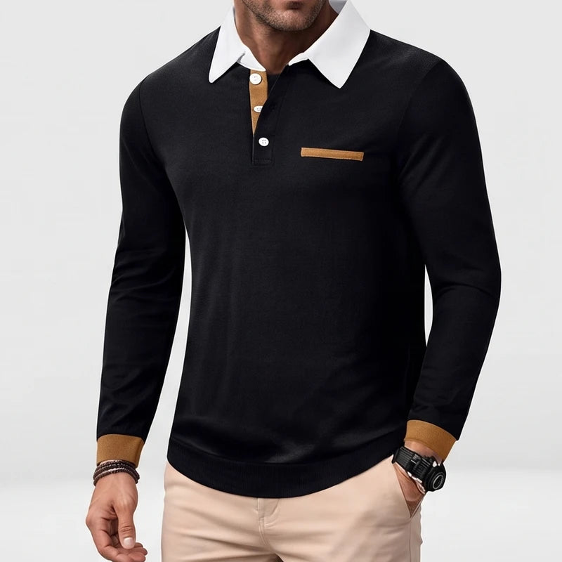 Black polo on an off-gray studio background - 2