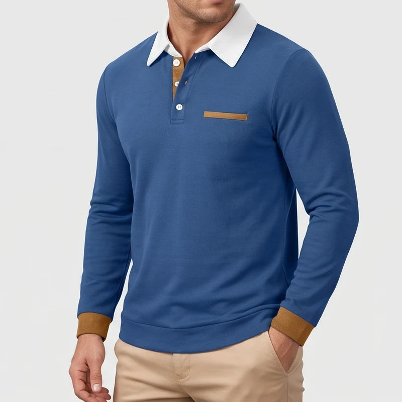 Blue polo on an off-gray studio background - 2