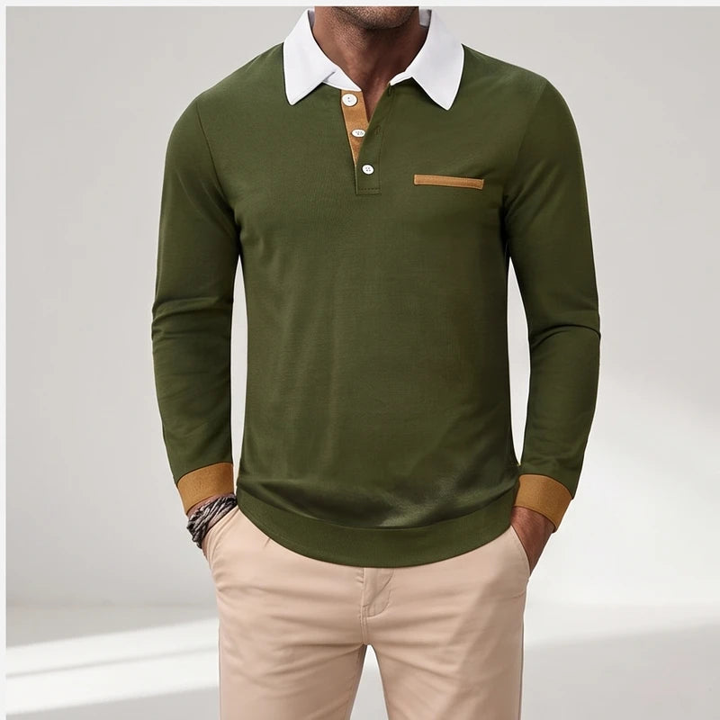 Green polo on an off-gray studio background