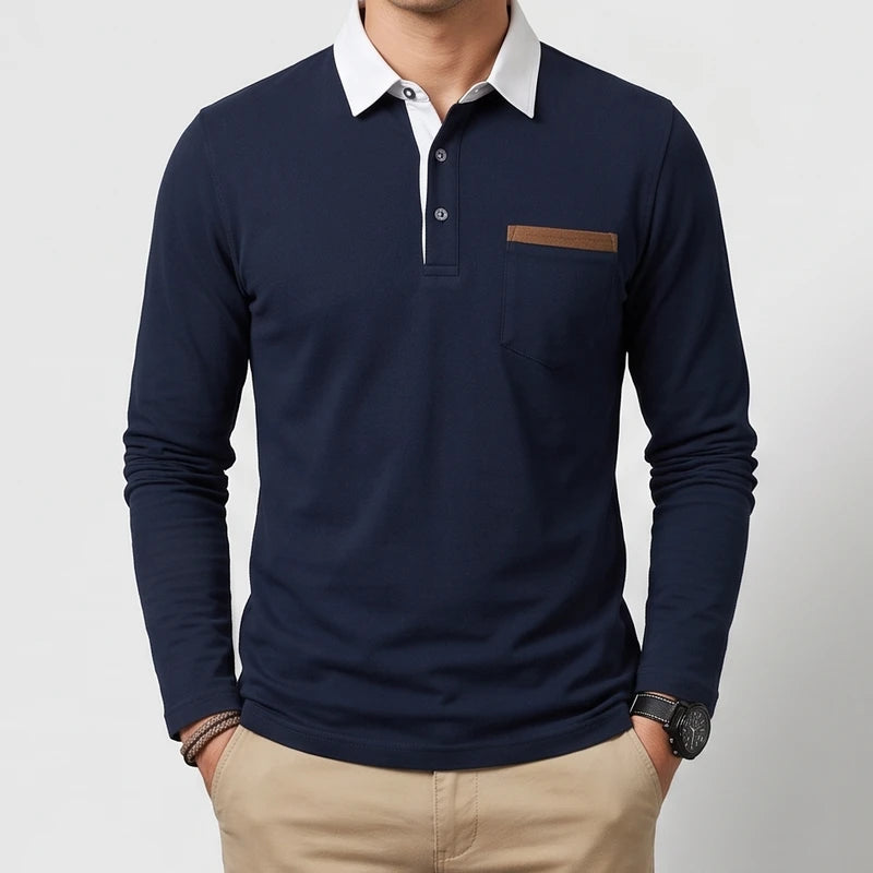 Navy Blue polo on an off-gray studio background