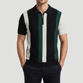 Man wearing a black, cream, and green striped quarter-zip knit polo shirt with short sleeves and ribbed hem.