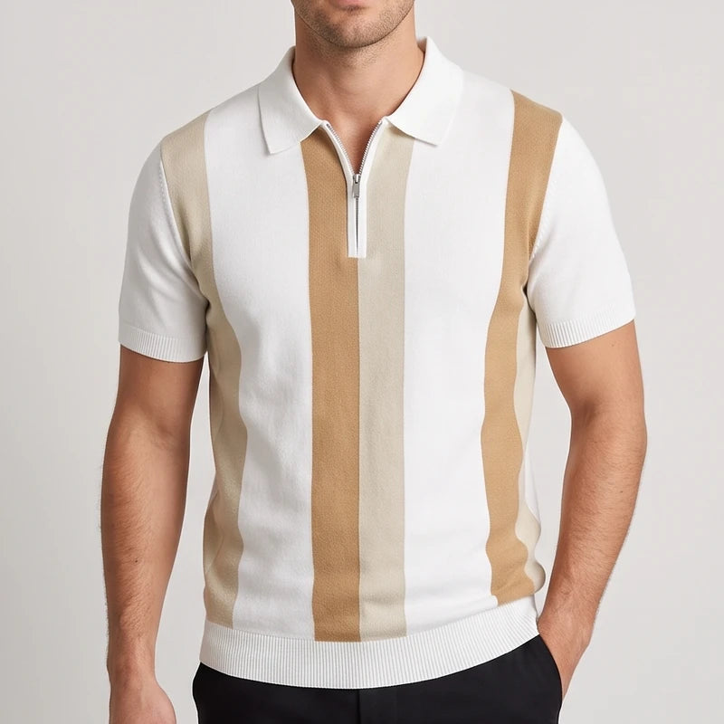 Man wearing a short-sleeve knit polo with off-white, light beige, and tan vertical stripes, featuring a quarter zipper.