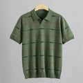 Olive green short-sleeve knit polo shirt with black and gold segmented horizontal stripes on a hanger.