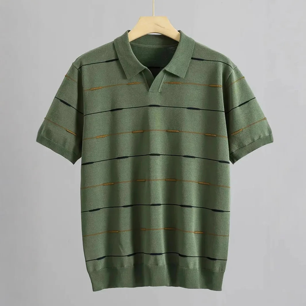 Olive green short-sleeve knit polo shirt with black and gold segmented horizontal stripes on a hanger.
