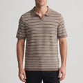Man wearing a brown knit polo shirt with thin white horizontal stripes, a spread collar, and V-neck placket.