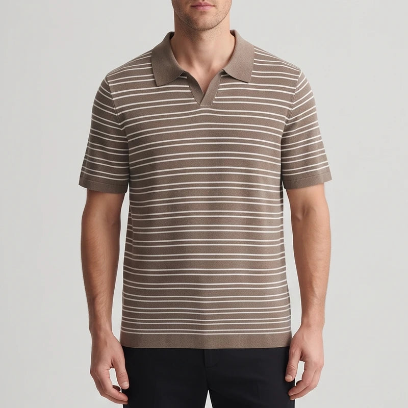 Man wearing a brown knit polo shirt with thin white horizontal stripes, a spread collar, and V-neck placket.