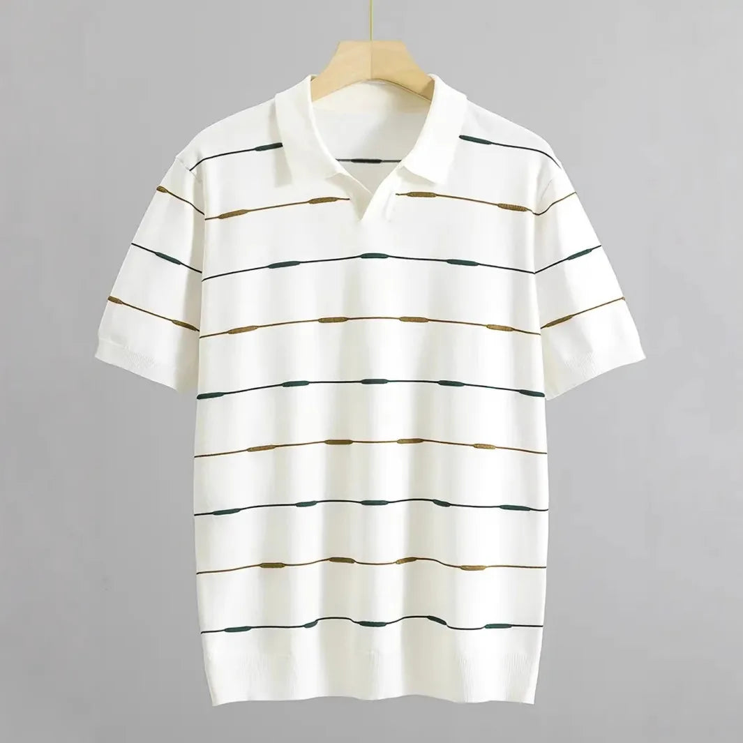 White short-sleeve knit polo shirt with a collared neck, featuring horizontal olive green and brown stripe patterns.