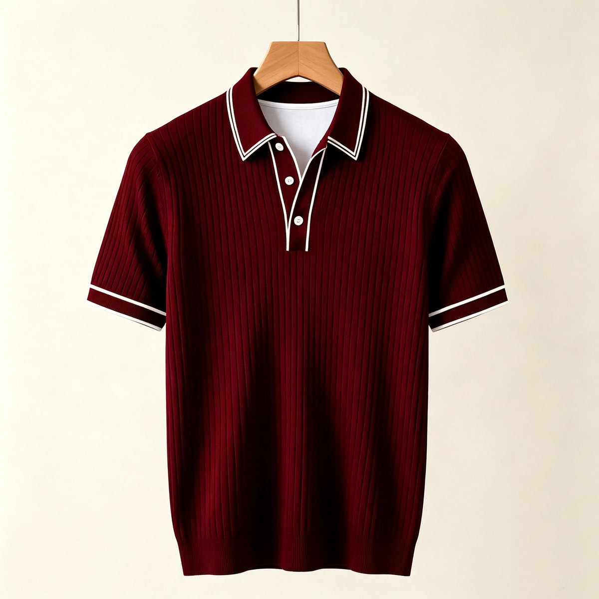 Dark red ribbed knit short-sleeve polo shirt with white trim on the collar and cuffs, hanging on a wooden hanger.