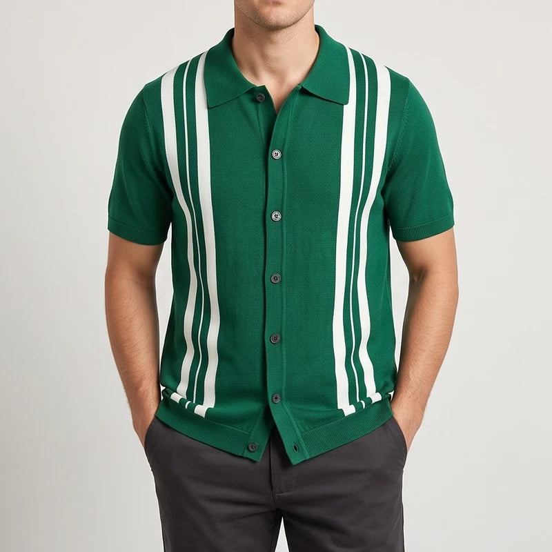 Man wearing a knitted short-sleeve green button-up shirt with prominent white vertical stripes and dark buttons.