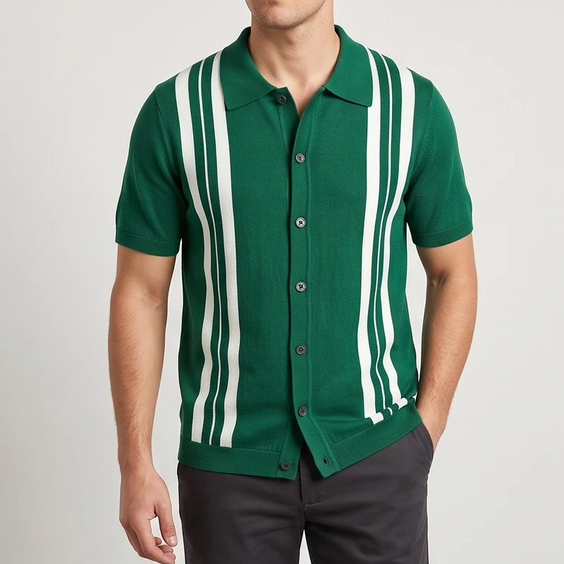 Man wearing a short-sleeve knit polo shirt with bold white vertical stripes on a green background, with dark buttons.