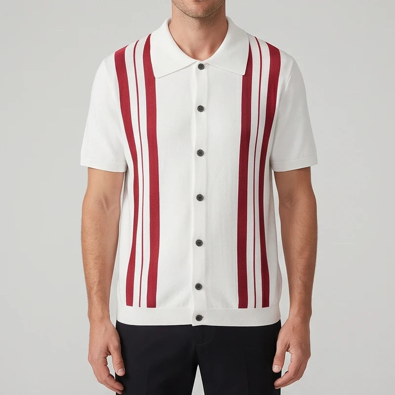Man wearing a white knit short-sleeve button-up shirt with prominent vertical red stripes and dark front buttons.