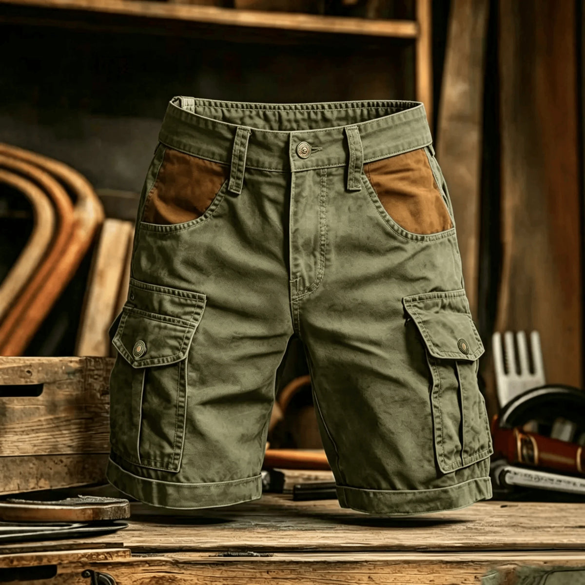 Olive green cargo shorts with brown front pocket patches and flap cargo pockets, displayed on a rustic wooden surface.
