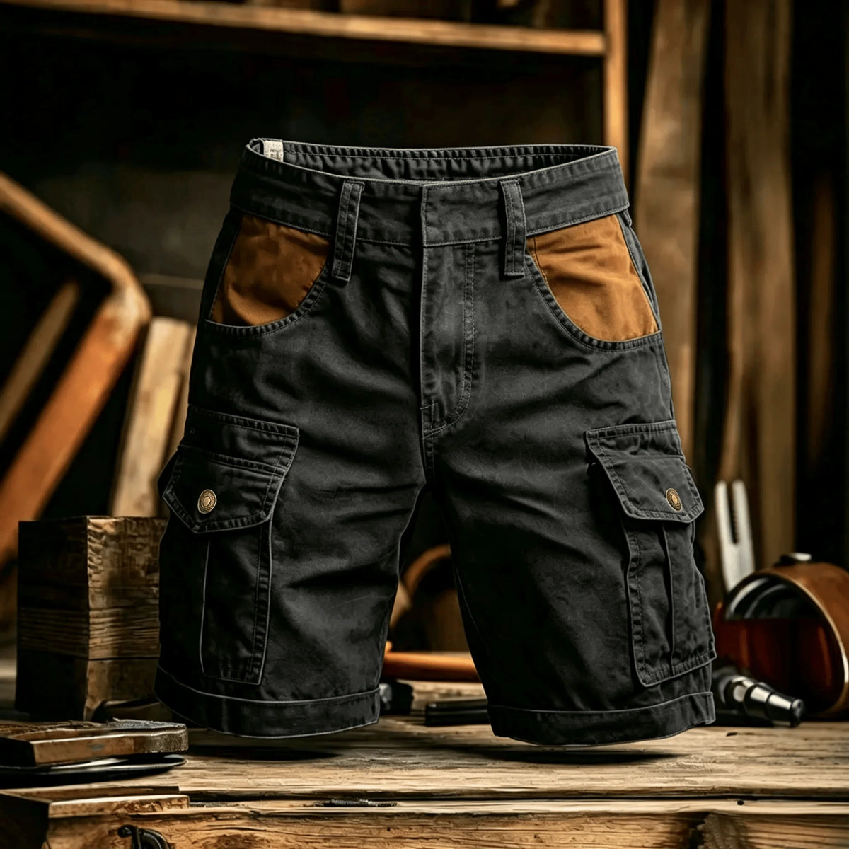 Dark grey cargo shorts with tan front pocket accents, buttoned side pockets, and belt loops, displayed on a wooden surface.