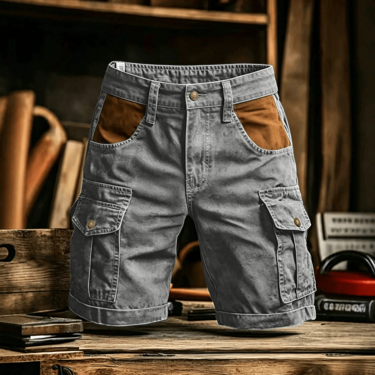 Grey cargo shorts with tan front pocket patches, large side pockets, and a single button closure, displayed on a wooden surface.