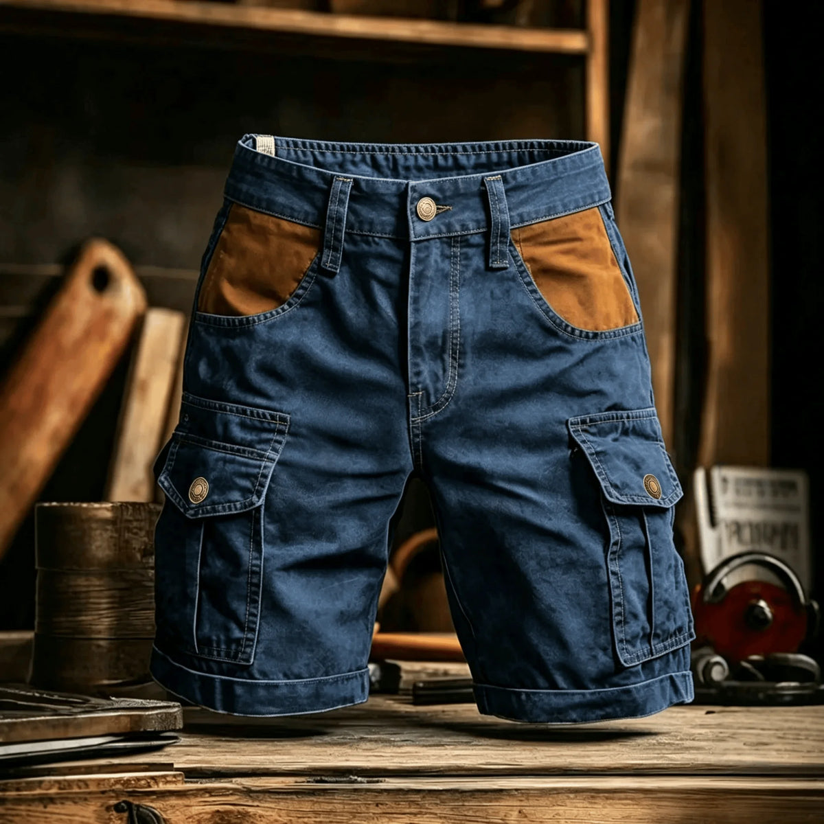Blue denim-style cargo shorts with tan front pocket patches and metallic buttons, displayed against a rustic wooden background.