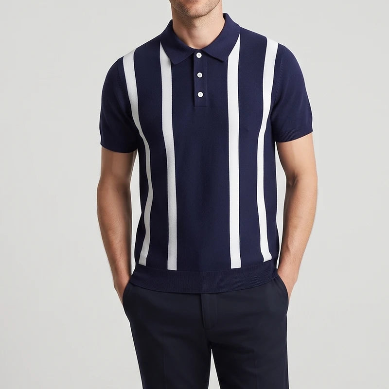 Blue knitted polo on an off-gray studio background - 2