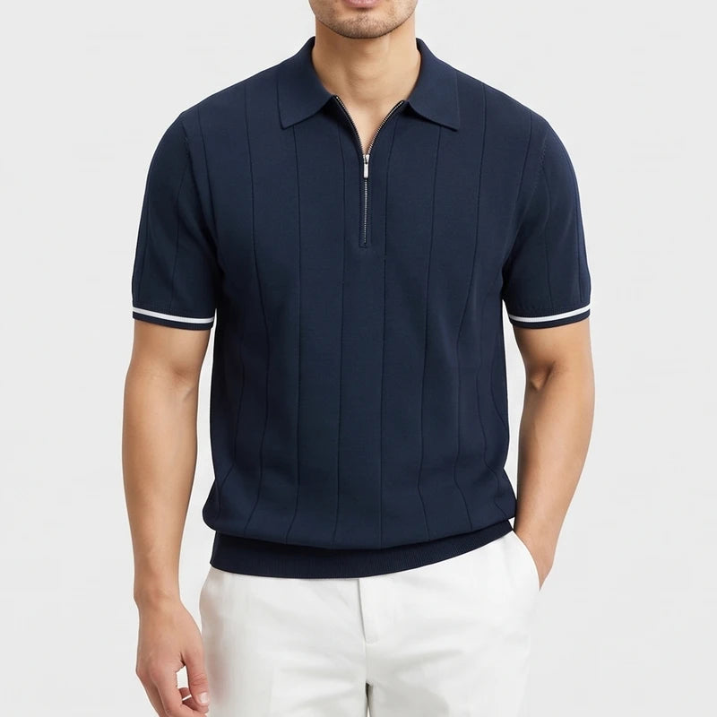 Navy knitted polo on an off-gray studio background - 3