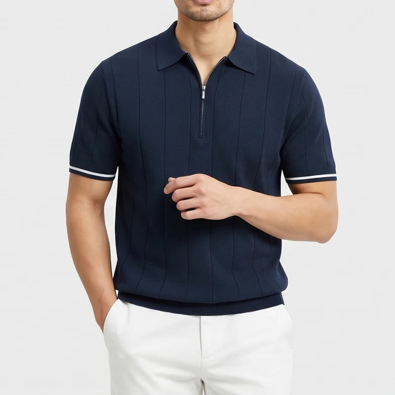 Navy knitted polo on an off-gray studio background - 4