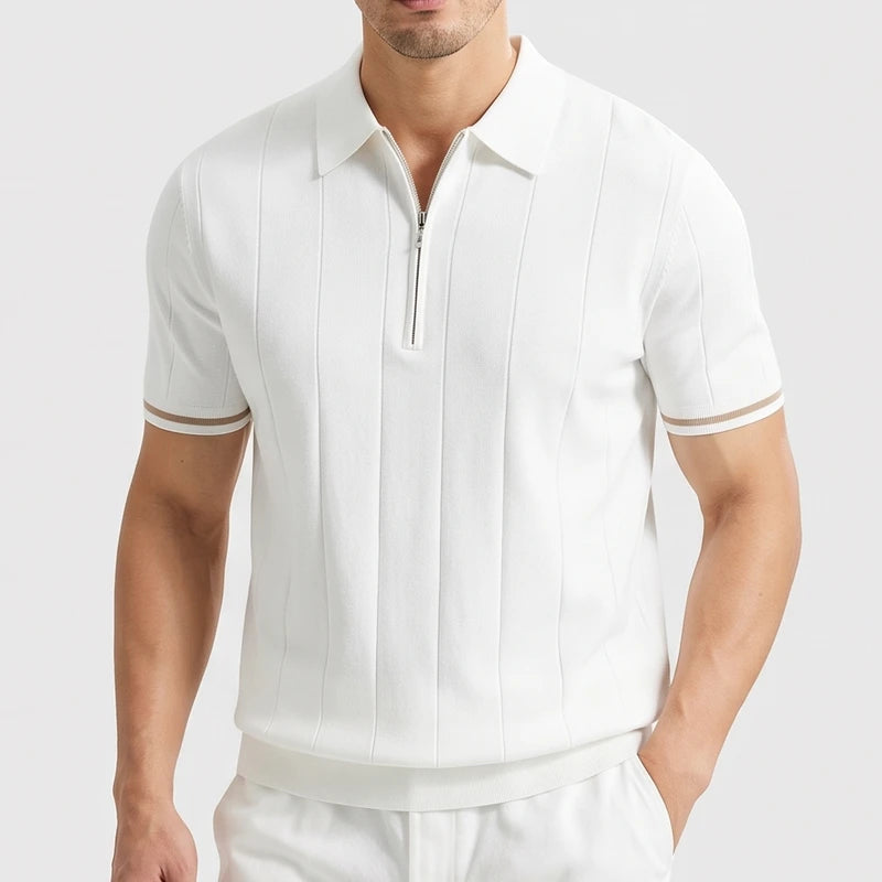 White knitted polo on an off-gray studio background - 2